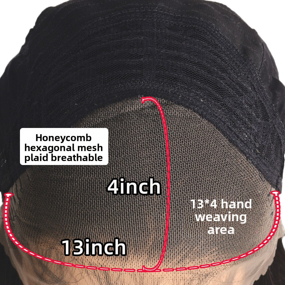 Close-up of a wig cap with measurements and text indicating features like honeycomb mesh and hand weaving area.