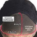 Close-up of a wig cap with measurements and text indicating features like honeycomb mesh and hand weaving area.