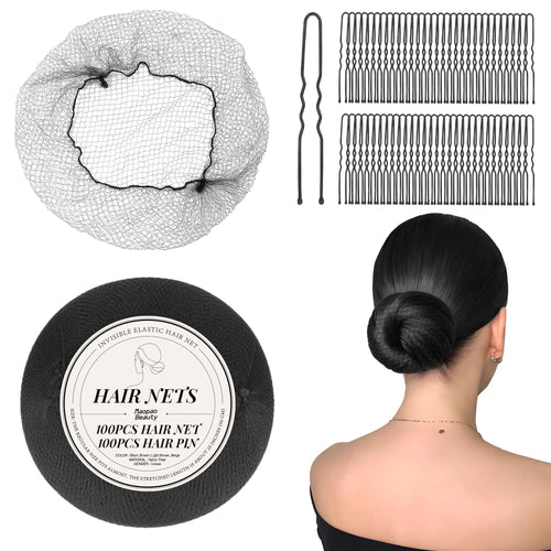 Hair Net & Pin Set: Invisible Nylon Nets and U-Shaped Clips (200-Pc)