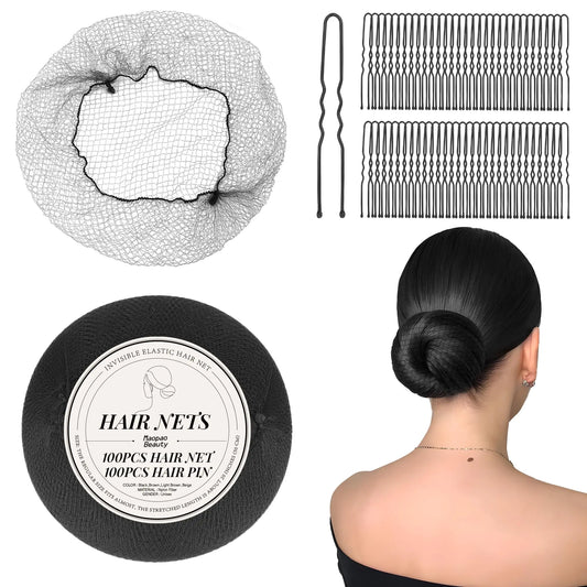 Hair Net & Pin Set: Invisible Nylon Nets and U-Shaped Clips (200-Pc)