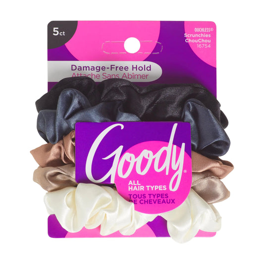 Goody Satin Soft Scrunchies 5-Pack - Comfortable All-Day Hold
