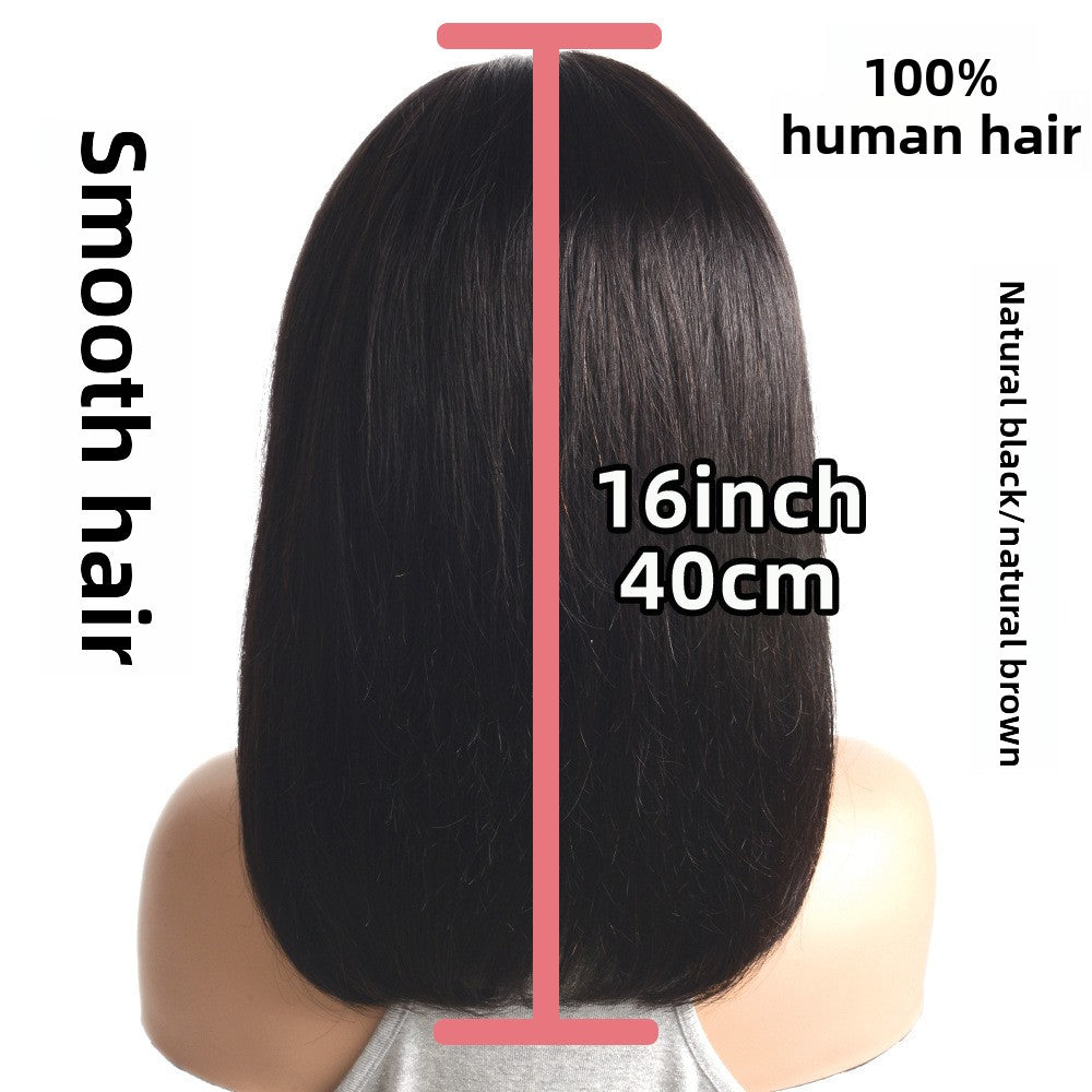 Mannequin head with black wig labeled for hair type, length, and color.