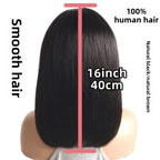 Mannequin head with black wig labeled for hair type, length, and color.